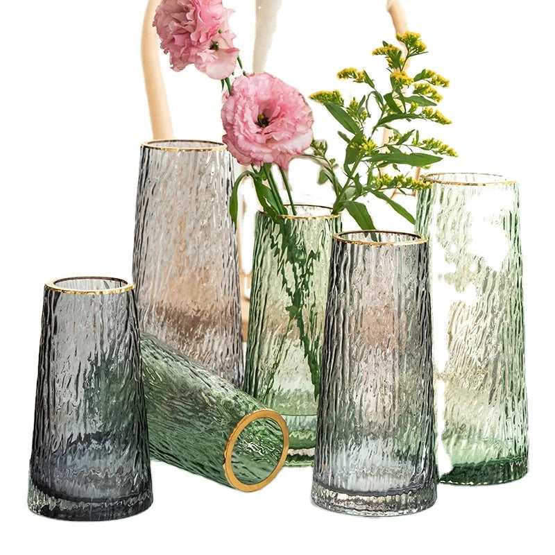 Bark Pattern T-Shaped Coloured Clear Crystal Cylinder Flower Arrangement in Glass Vase Gold Mouth Edge Ring for Tabletop Decor MegaBDM