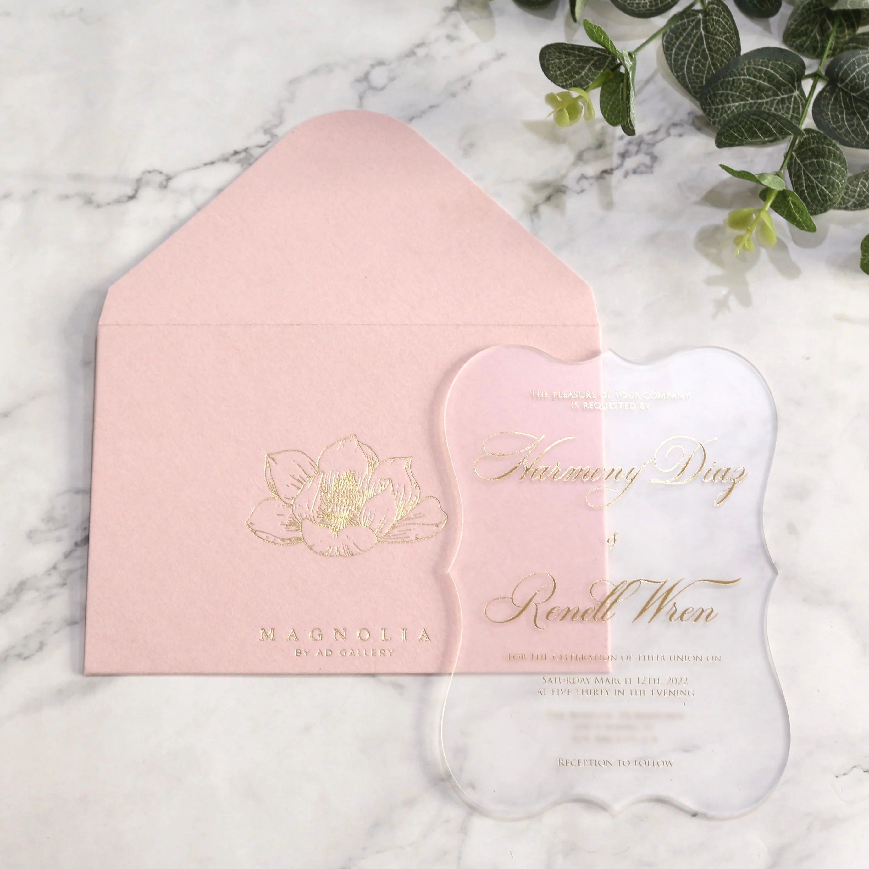 Elegant Pink Velvet Frosted Acrylic Invitations Gold Flower Handmade Wedding Quinceanera Invitation Set