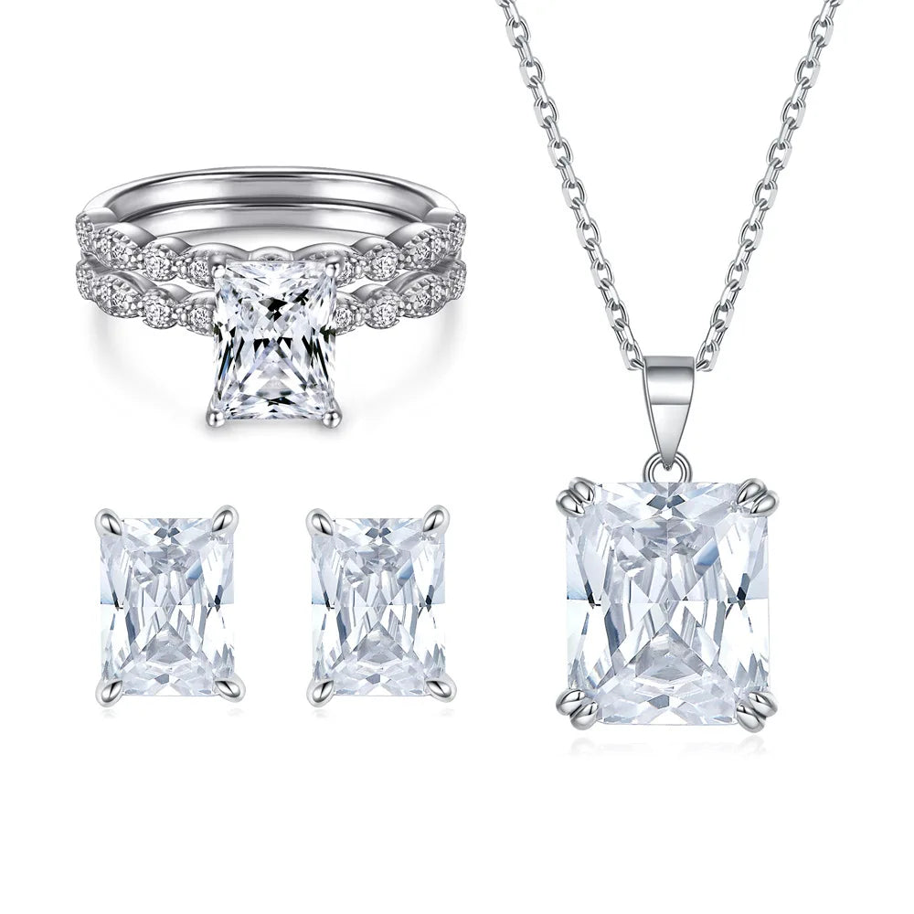 Luxury Rectangle Cut Jewelry Sets Women Zirconia Ring Necklace Earrings Rhodium Plated 925 Sterling Silver Jewelry Sets