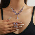 Luxury Brilliant Purple Leaf Design Cubic Zirconia Necklace Earrings Set Women CZ Water Drop Pendant Bridal Wedding Jewelry Sets