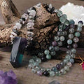 Rainbow Fluorite Healing Black Rutilated Quartz Classic Silver Plated Strand Knotted Mala Bead Prayer Necklace Unisex Jewelry