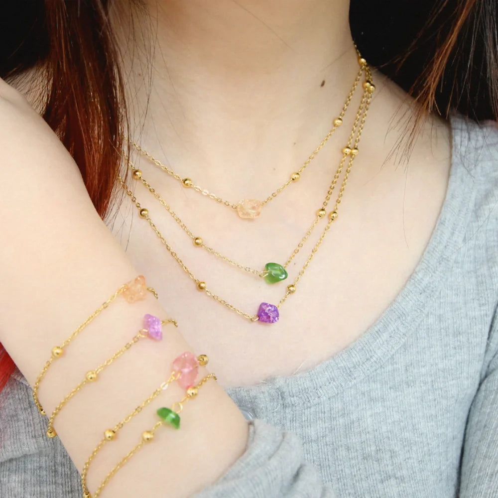 18K Gold Plated Minimalist Stainless Steel Bracelets Colorful Resin Pendant Necklace Set Fashionable Waterproof for Parties