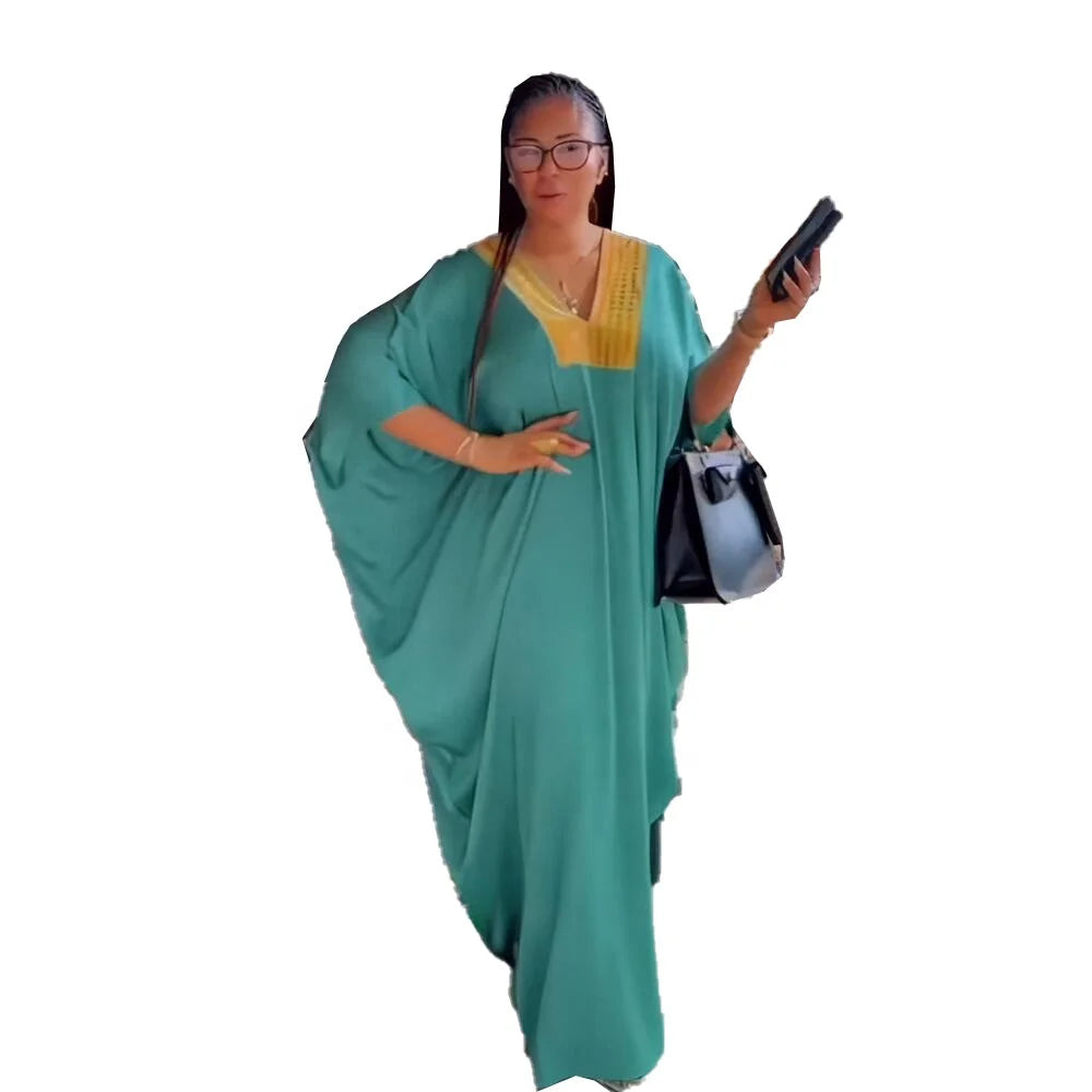 New Arrival African Long Dresses Boubou Dress Rayon Vitenge African Dress for Women Deep V-neck Rhinestone OEM Service Adults