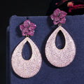Fancy Micro Pave Red Pink Cubic Zirconia Round Long Big Rose Flower Drop Wedding Earrings for Women Party Jewelry