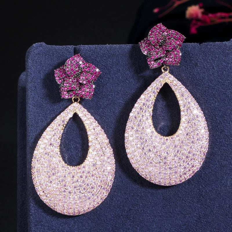 Fancy Micro Pave Red Pink Cubic Zirconia Round Long Big Rose Flower Drop Wedding Earrings for Women Party Jewelry
