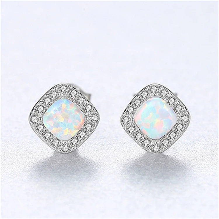 Fine Jewelry Women 925 Sterling Silver Square-Shaped Natural Opal Zircons Stud Earrings Gold Plated Trendy Style Parties Gifts