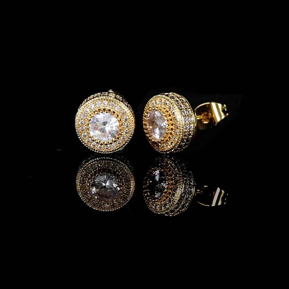 VEROMCA Men Trendy Gold-Plated Wholesale Hip Hop Jewelry Bling Brass Geometric Shape Round CZ Diamond Stud Earrings