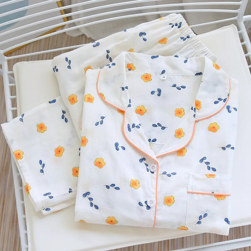 Kimono Maple Leaf Pajama Sets Women 100% Gauze Cotton Long Sleeve Casual Sleepwear Women Pyjamas Autumn Hot Sale