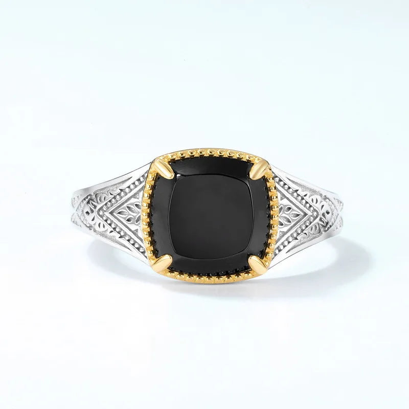 Natural Black Agate 925 Sterling Silver Ring Classical Pattern Seal Ring Women