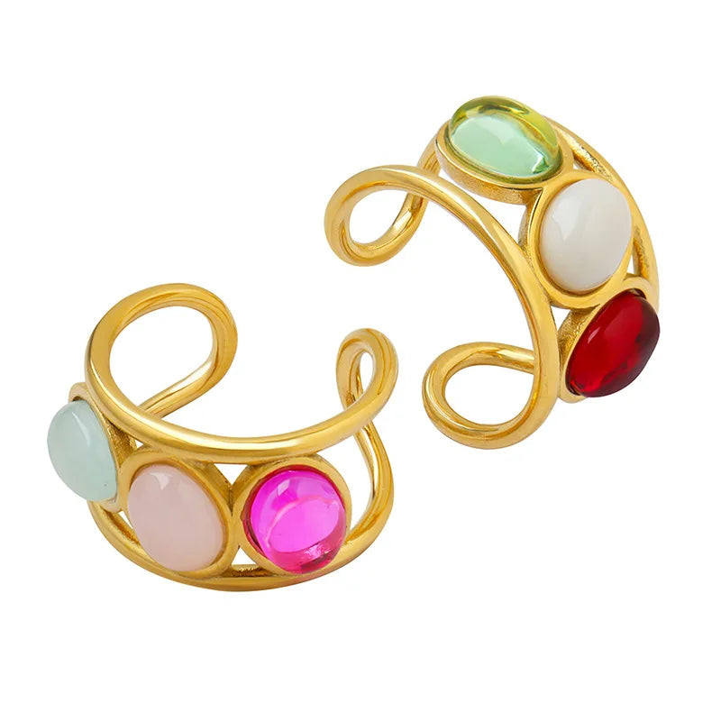 Minority Natural Colorful Glass Stone Opening Rings for Women 18k Gold Plating Stainless Steel Jewelry Tarnish Free