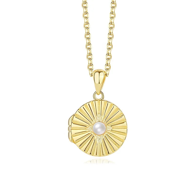 Elegant 925 Sterling Silver Frame Fine Jewelry Opal Pearl Sun Radiant Photo Locket Pendant Necklace Women Gift