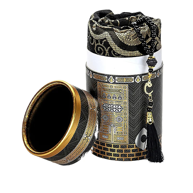 Ramadan Cylinder Gifts Box Set Machine-Made Polyester Carpet and Rug Cushioned Prayer Mat with Beads for Home or Travel