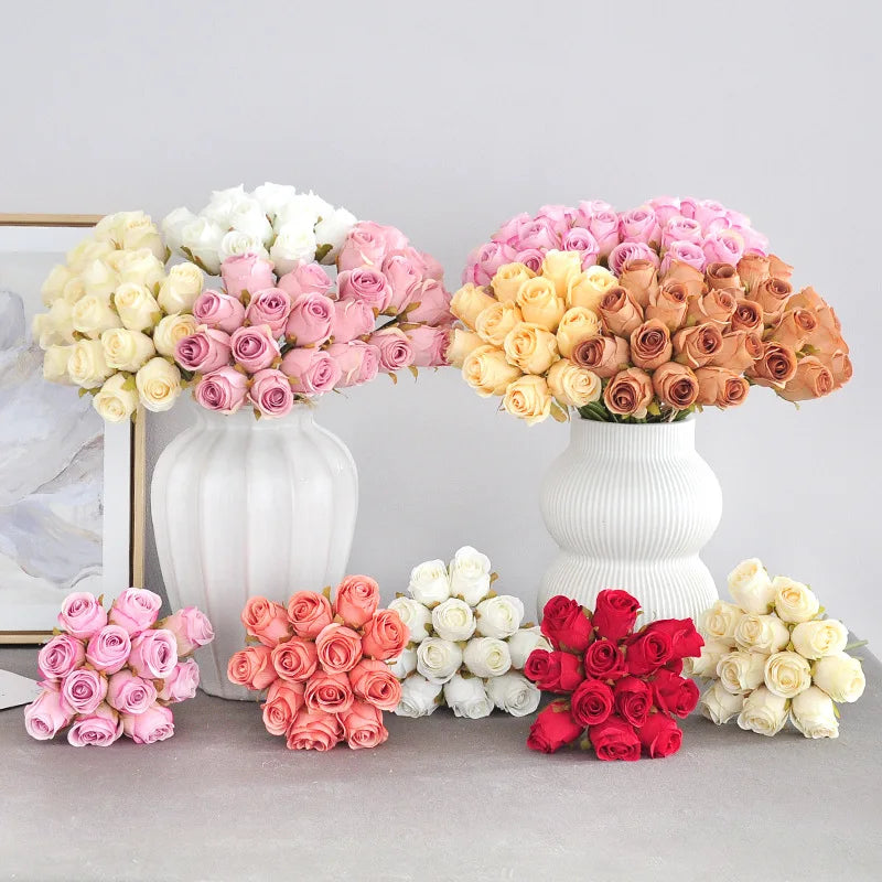 A-1736 Bulk Small Silk Pink Rose Flower Bouquet Home Wedding Decoration Artificial Rose Buds Bouquet