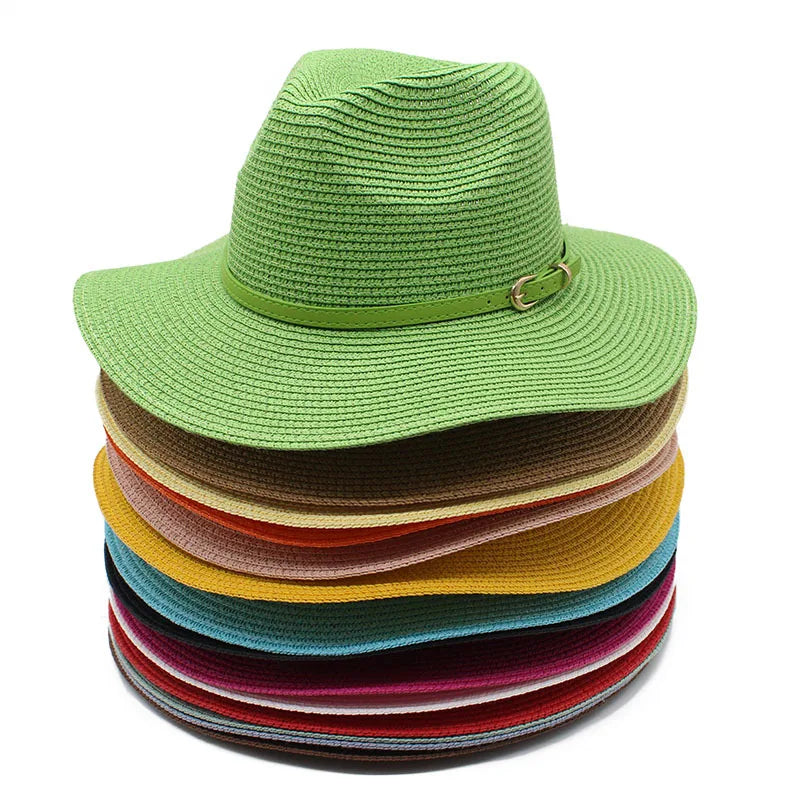 Wholesale 24 Solid Colours Plain Custom Sombreros Panama Fedora Sun Striped Paper Straw Hat for Women Men Unisex Summer Beach