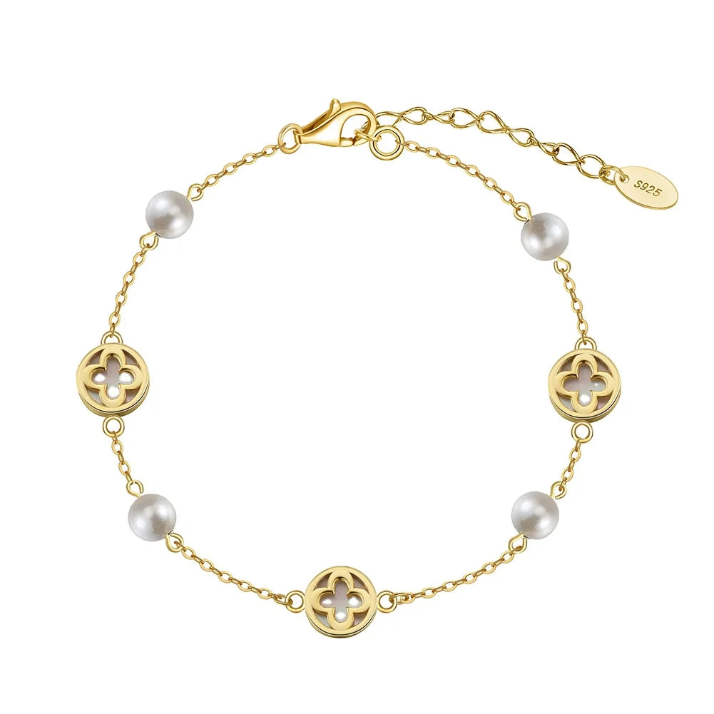 Rinntin GMB70 Hollow Four-Leaf Clover Shell Pearl Bracelet Fashion Sterling Silver White Gold Plated Girlfriend Bracelet Gift