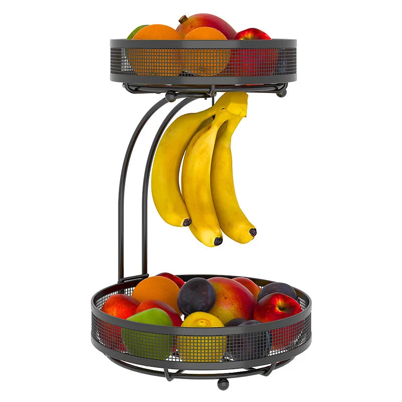 2 Tier Kitchen Display Storage Rack Fruit Legume Sneak Basket Banana Holder Fruit Basket Stand with Drain Function Box