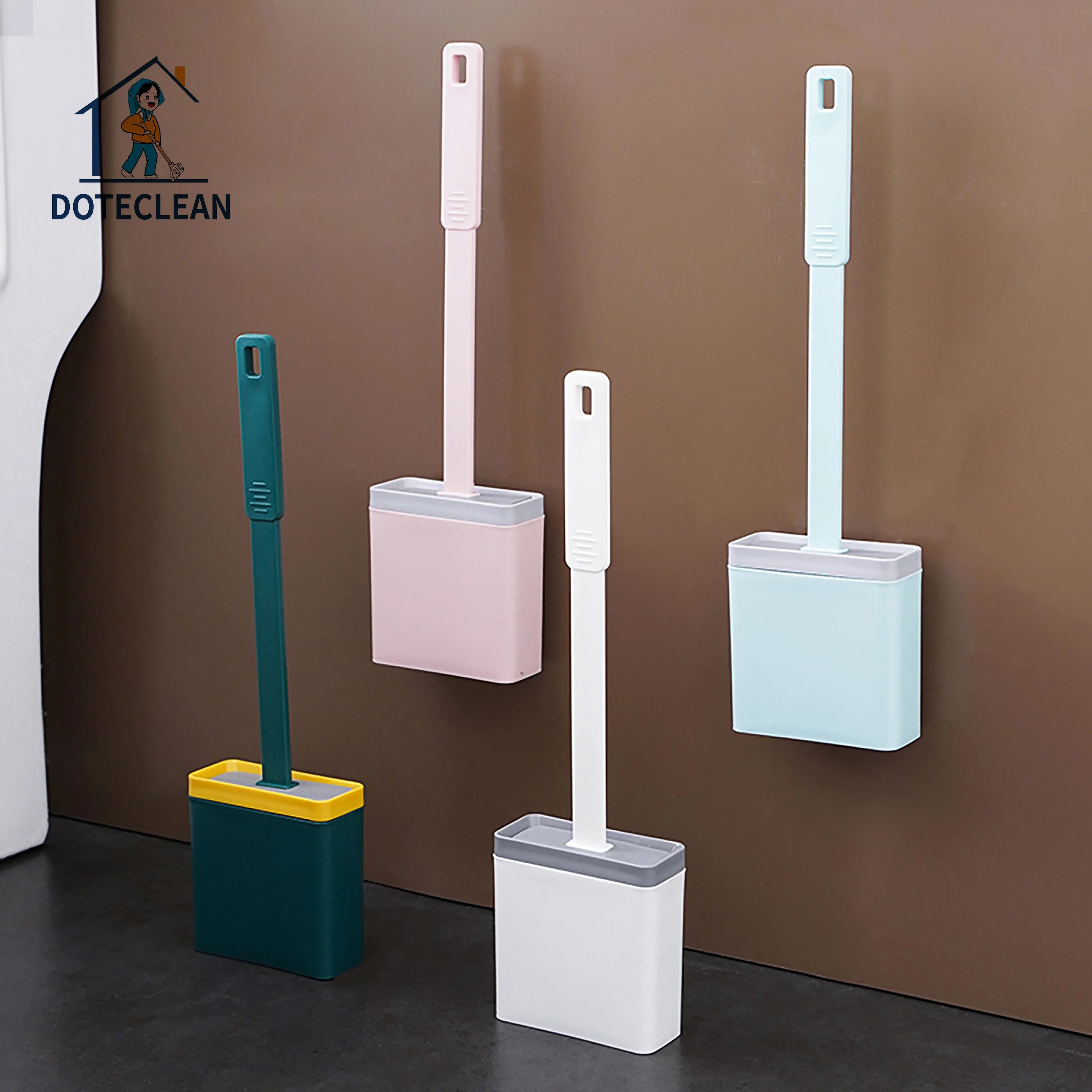 Wall-Mounted WC Brush Quick Drying Holder Water Leak Proof Base Silicone Flat TPR Head Bristles Bathroom Toilet Cleaning