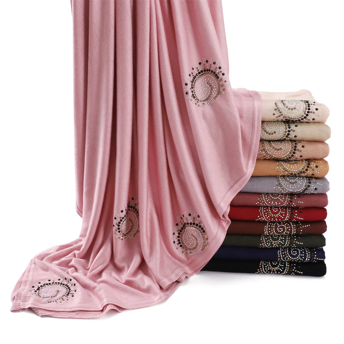 Premium Jersey Hijab Winter Women Jersey Veils Scarf Ethnic Scarves & Shawls Stretch Muslim Rhinestone Hijab