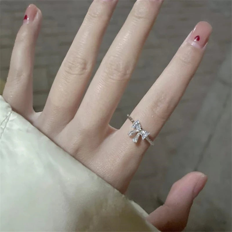 Yubiwa Korean Temperament Sweet Bowknot Zircon Silver Plated Jewelry Rings Opening Adjustable Women's Fashion Versatile Rings