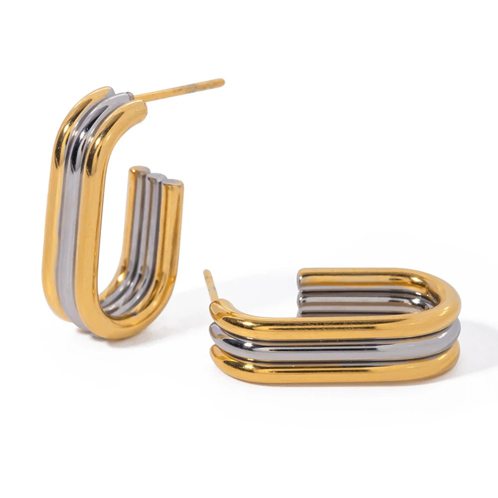 Stylish PVD Gold Plated Two Tone Stainless Steel Women Jewelry Waterproof Mixed Color Three Layer U-shaped Stud Earrings