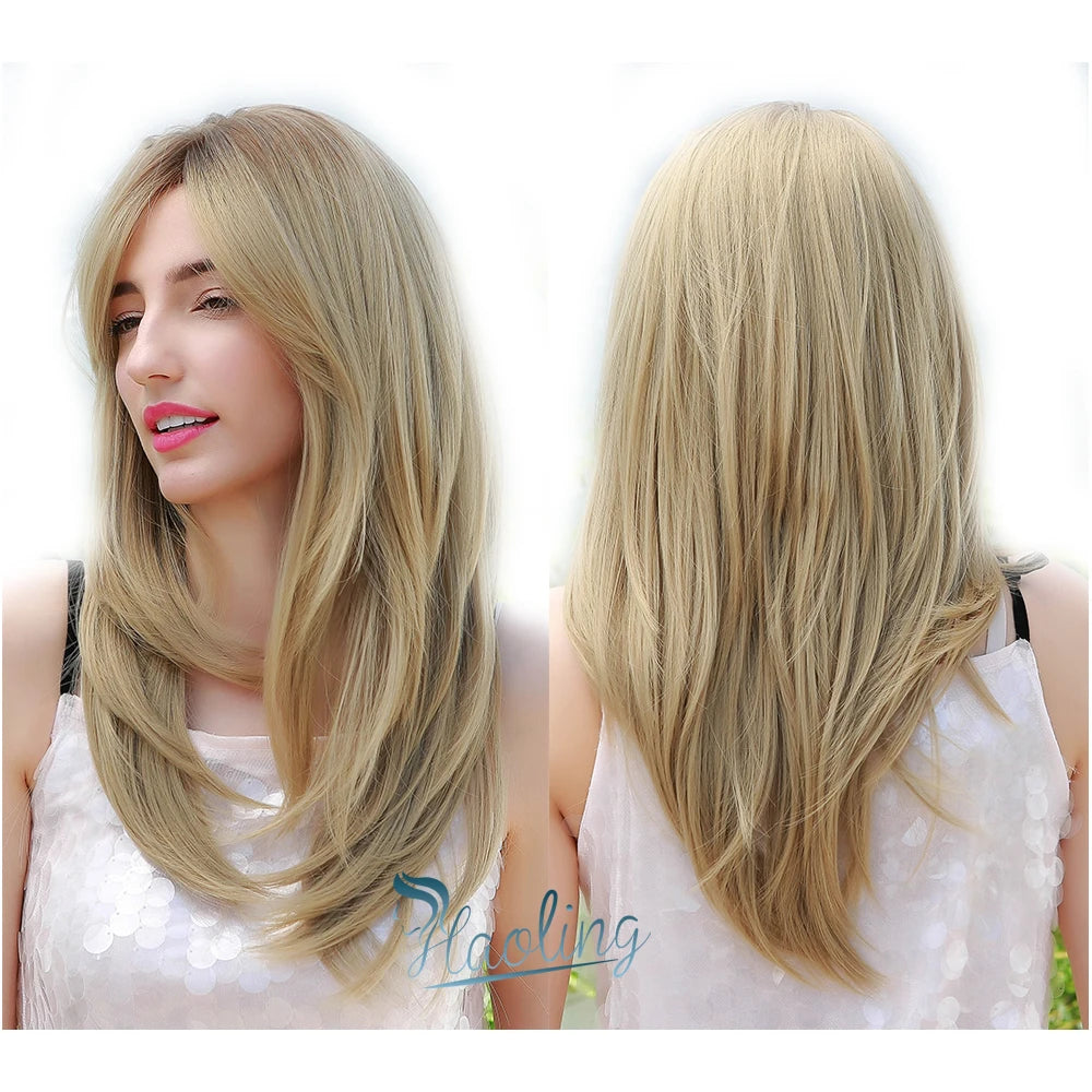 HAOLING Heat Resistant Long Natural Wave Hair Synthetic Blonde Hair Wigs with Bangs for White Women No Shine Fibre Wig
