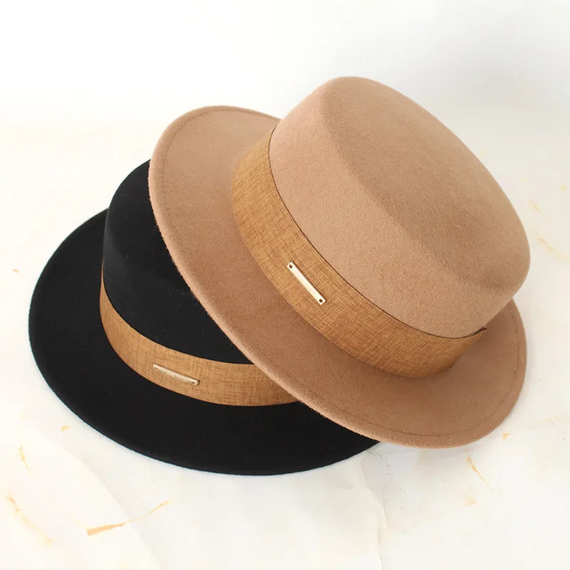 Solid Color Wool Felt Fedora Hat With Wide Brim and Flat Top Winter Formal Party Accessory Decorated With Ribbon