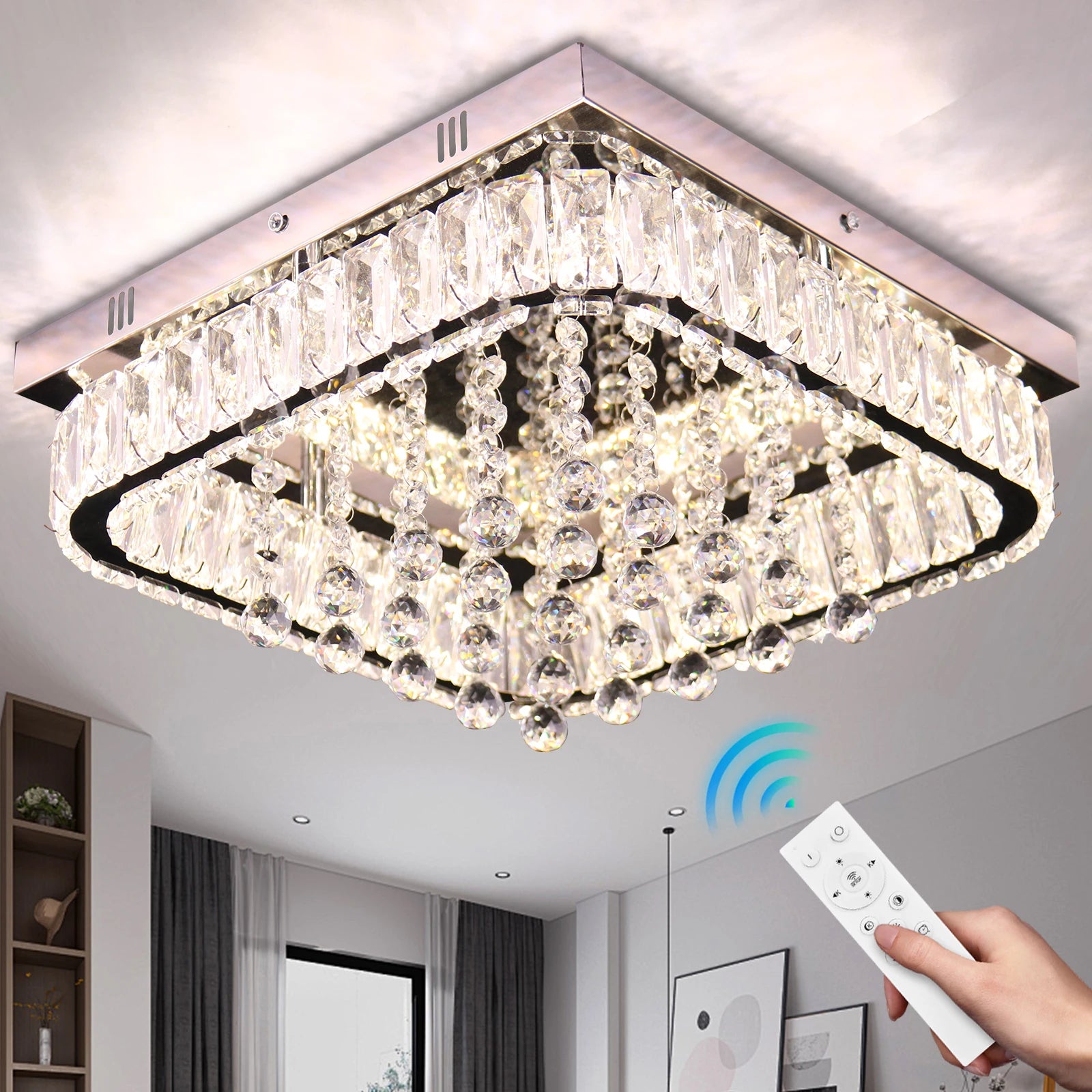 Simple Modern K9 Crystal LED Ceiling Light Dimmable Remote Nordic Chandelier for Living Room  Home Application