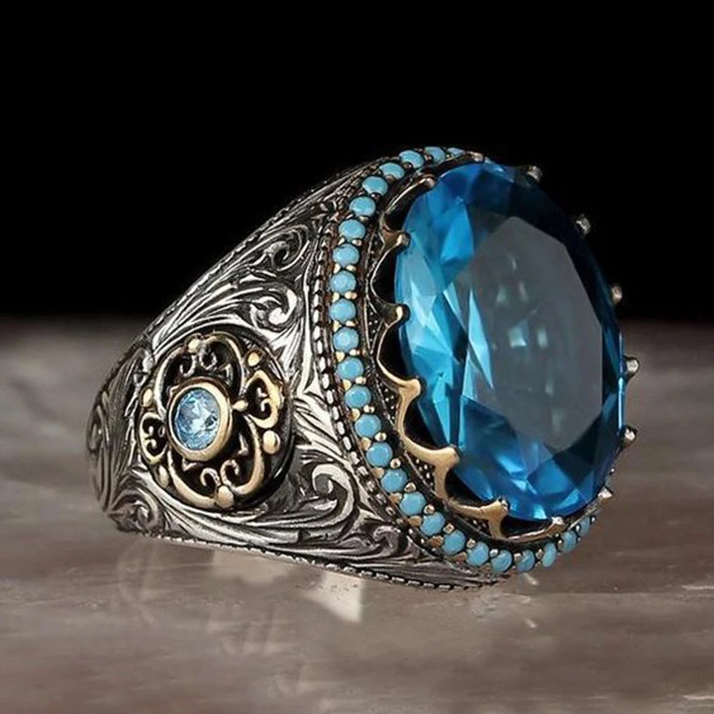 CAOSHI Vintage Alloy Jewelry Emerald Green Sea Blue Crystal Men Stone Rings Oval Gemstone Silver Color Personality Rings for Men