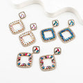 Wholesale Jewelry Silver Hollow Geometric Earrings Double Layer Rhinestone Crystal Square Earrings