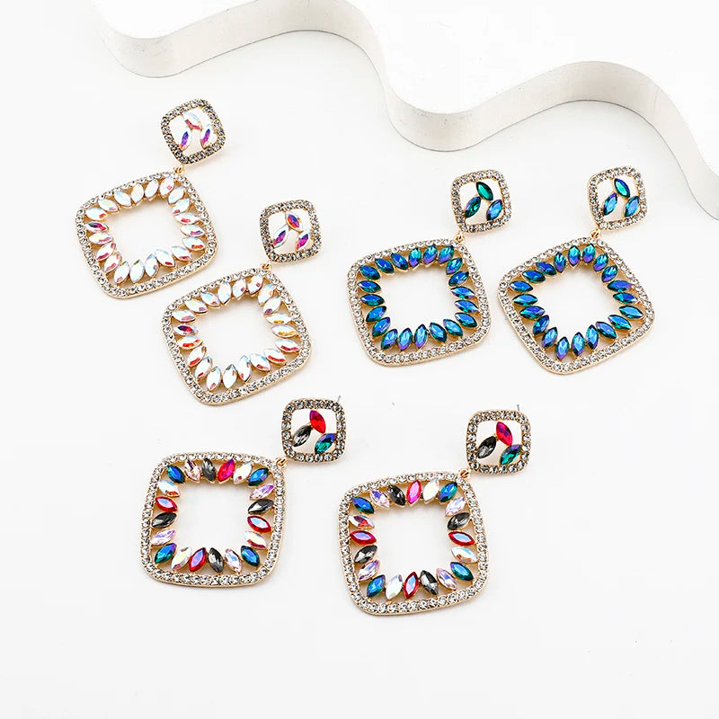 Wholesale Jewelry Silver Hollow Geometric Earrings Double Layer Rhinestone Crystal Square Earrings
