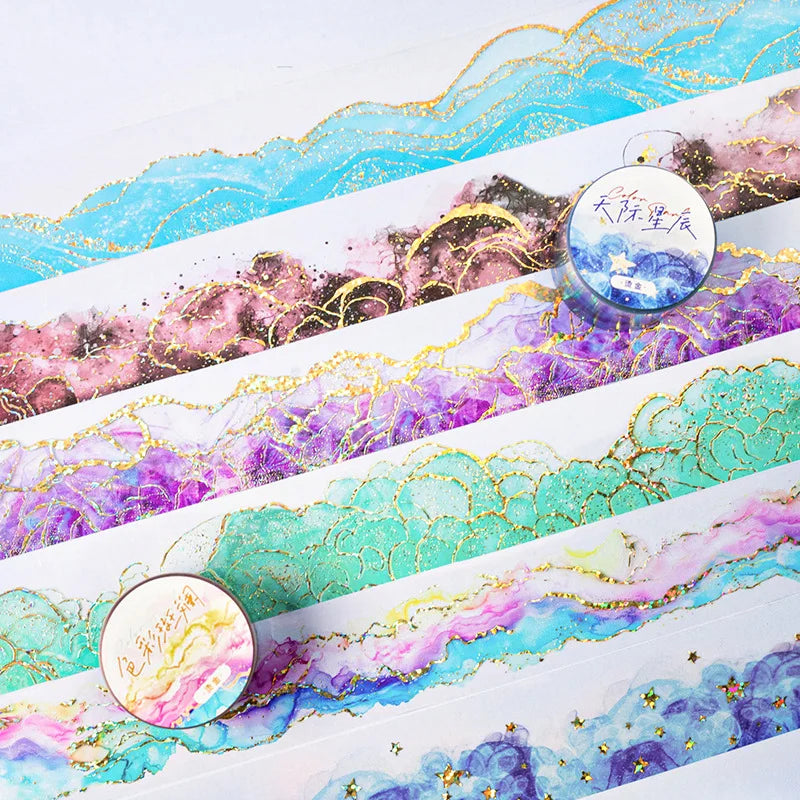 1Roll Watercolour Swoosh Theme Hot Stamping PET Tape Colour Land Series Handbook Backing