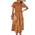 Spring Solid Color Short Sleeved Round Neck Hollow Out Dress Fashionable Slim Fit Casual Girl Dress
