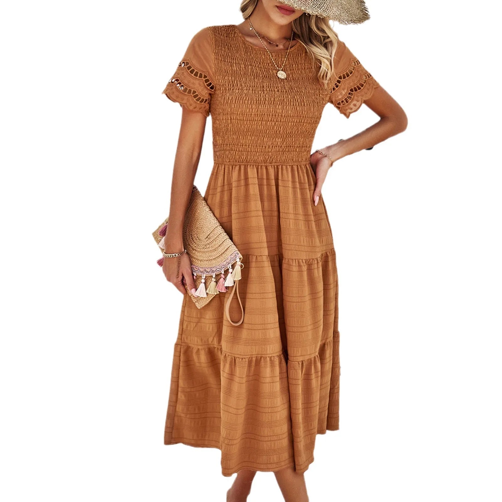 Spring Solid Color Short Sleeved Round Neck Hollow Out Dress Fashionable Slim Fit Casual Girl Dress