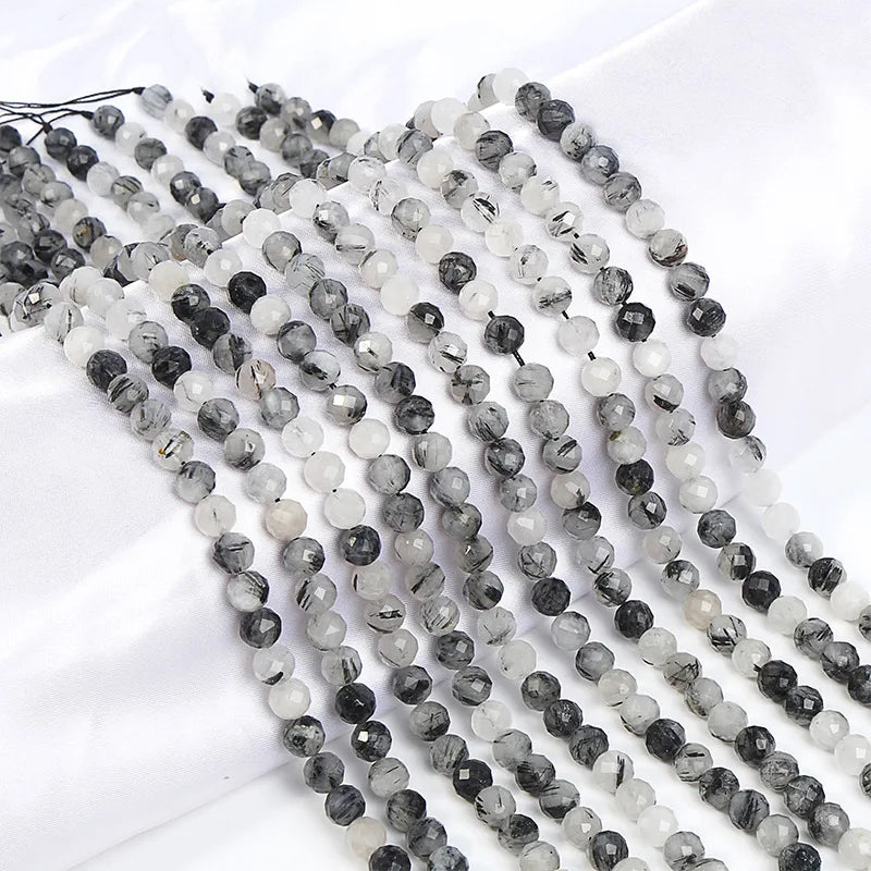 Loose Precious Gemstone Stone Cutting Black Quartz Rulitated Faceted Round Beads Strands Bracelet Diy Jewelry Making Stone Beads