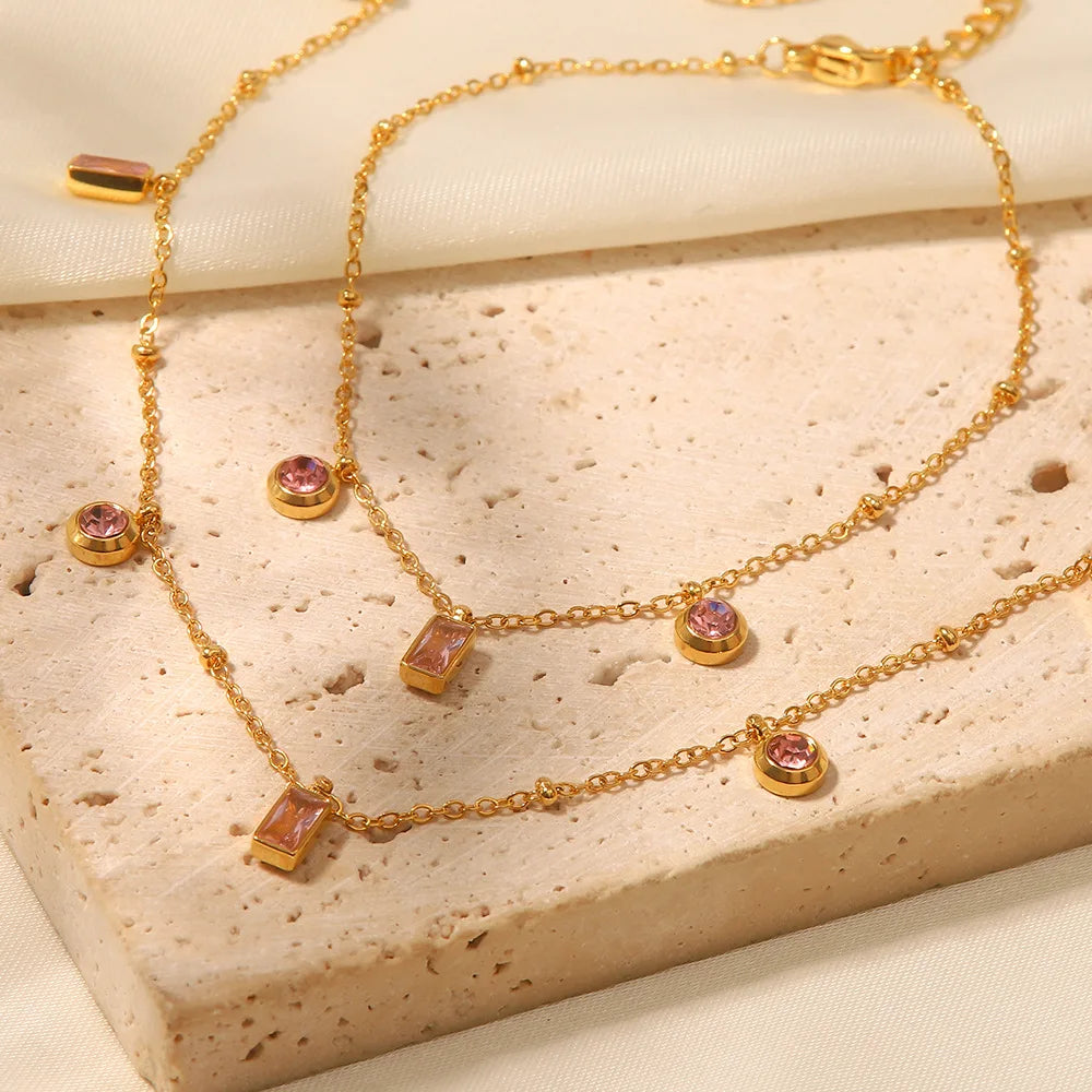 2023 Fashion New Stainless Steel 18K Gold Texture Light Luxury square pink Purple Round Pendant Necklace Bracelet Jewelry Set