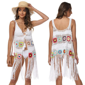 MIO Summer Swimsuit Beachwear Dress Vacation Crochet Bikini Knitted Cardigan Cover Ups Hollow Beach Tassel Vest for Women