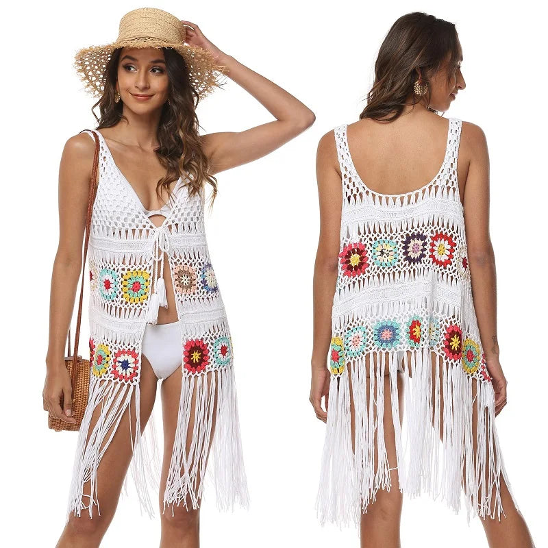 MIO Summer Swimsuit Beachwear Dress Vacation Crochet Bikini Knitted Cardigan Cover Ups Hollow Beach Tassel Vest for Women
