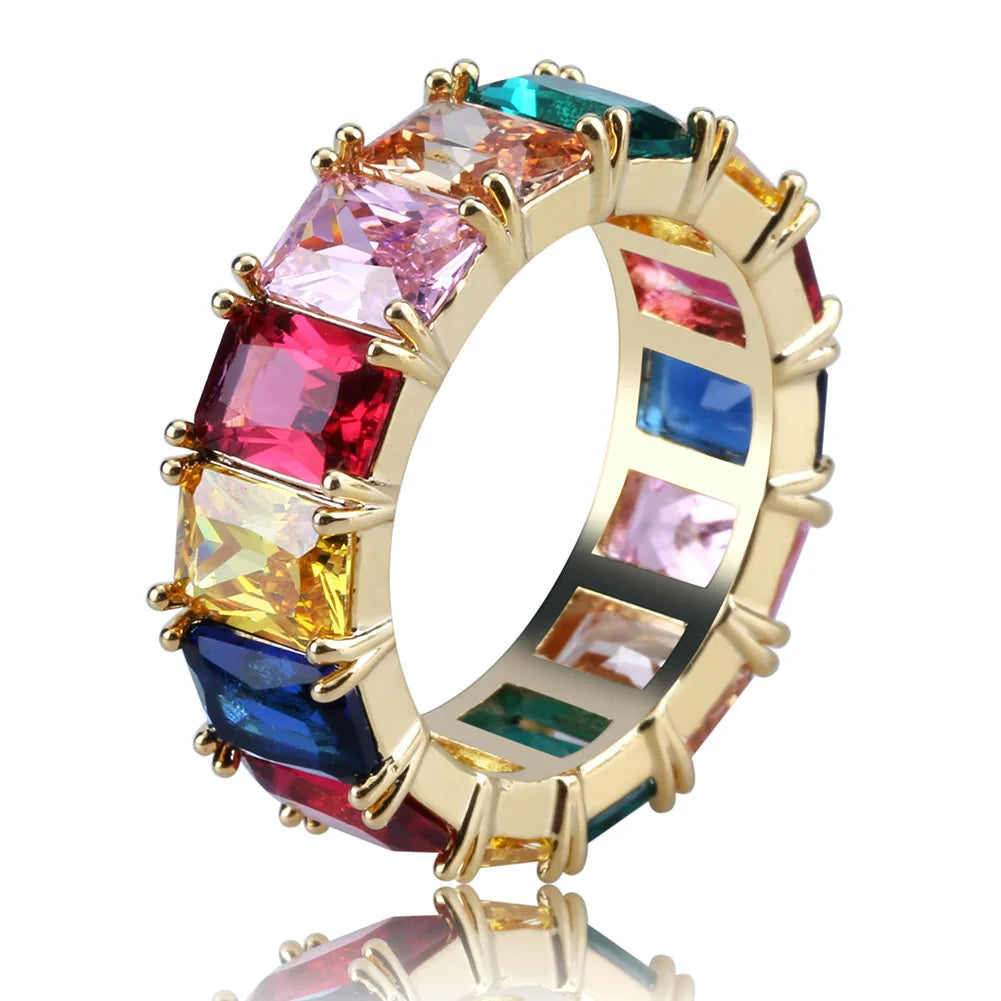 Baguette Colorful CZ Zircon Stone Rainbow Gold Silver Rings for Women Fashion Wedding Engagement Jewelry Multi Color Women Ring