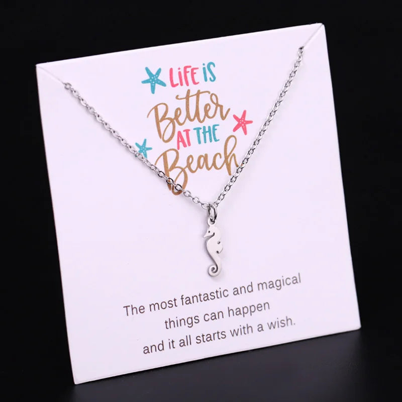 Stainless Steel Horse Shoe Pineapple Seahorse Shell Conch Ocean Sea Wave Hummingbird Music Note Boy Girl Pendant Chain Necklace