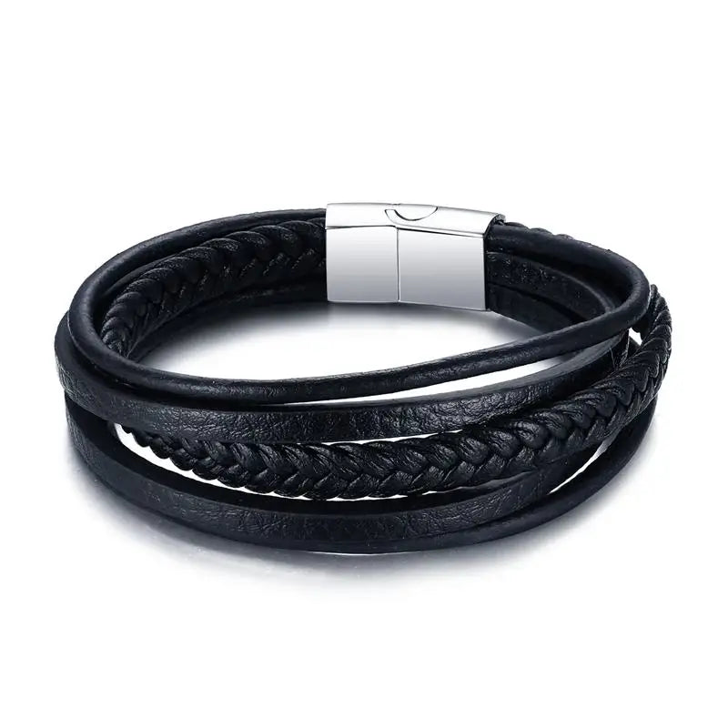 Customized Name logo Punk Style Stainless Steel Mens Magnetic Leather Bracelet for Father's Day Gifts