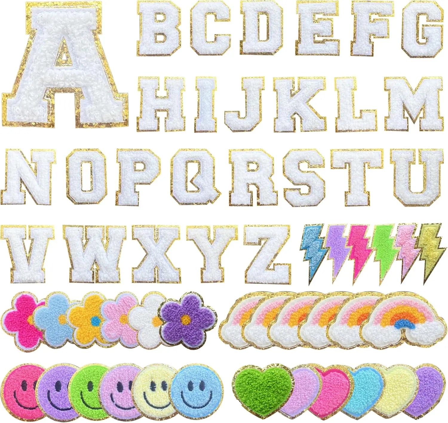 Wholesale Ready-to-Ship White Chenille Embroidered Patches Iron-On Technique Symbol Letter Patches for Hat Clothing Fabric