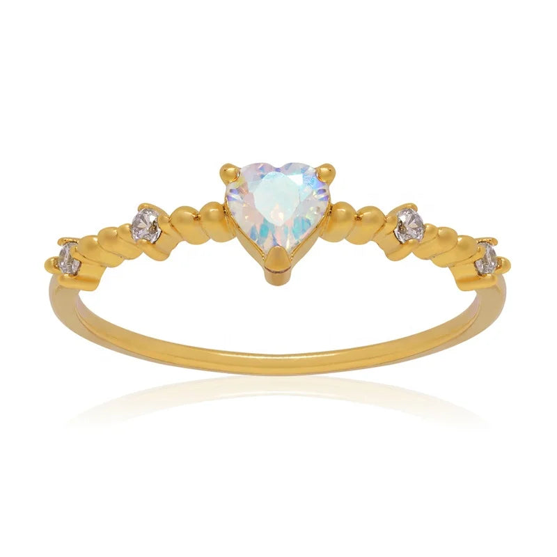 Milskye S925 Delicate Jewelry 14k Gold Plated Bead Zircon Moonstone Heart Engagement Ring