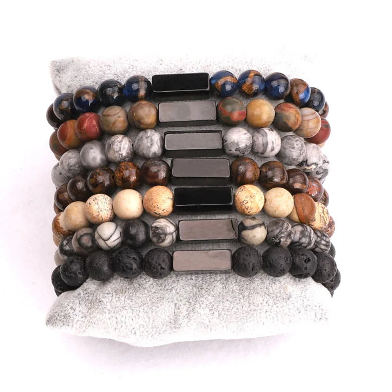 Renting Jewelry Making Custom Text Engrave Logo Stainless Steel Charm Natural Stone Beads Bracelet for Men
