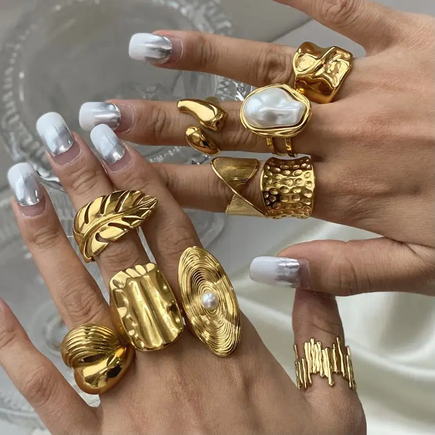 18K Gold Plated Rings Jewelry Women Big Baroque Pearl Textured Irregular Chunky Stainless Steel Rings Trendy Wedding Accessories