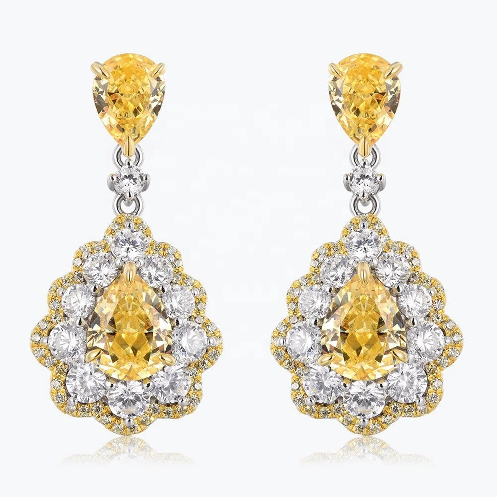 Luxury Pear Shaped 925 Silver Ear Adorned With Goose Yellow Synthetic Zircon Flower Earrings