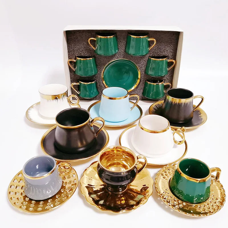 Modern Luxury 12pcs Ceramic Gold Turkish Coffee Set Tea Cup Saucer European-Style Porcelain Items Home Use Includes Gift Box