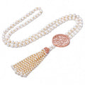 Certified Faux Gold Round Flower Button Sweater Chain Pearl Costume Tassel Pendantnecklace