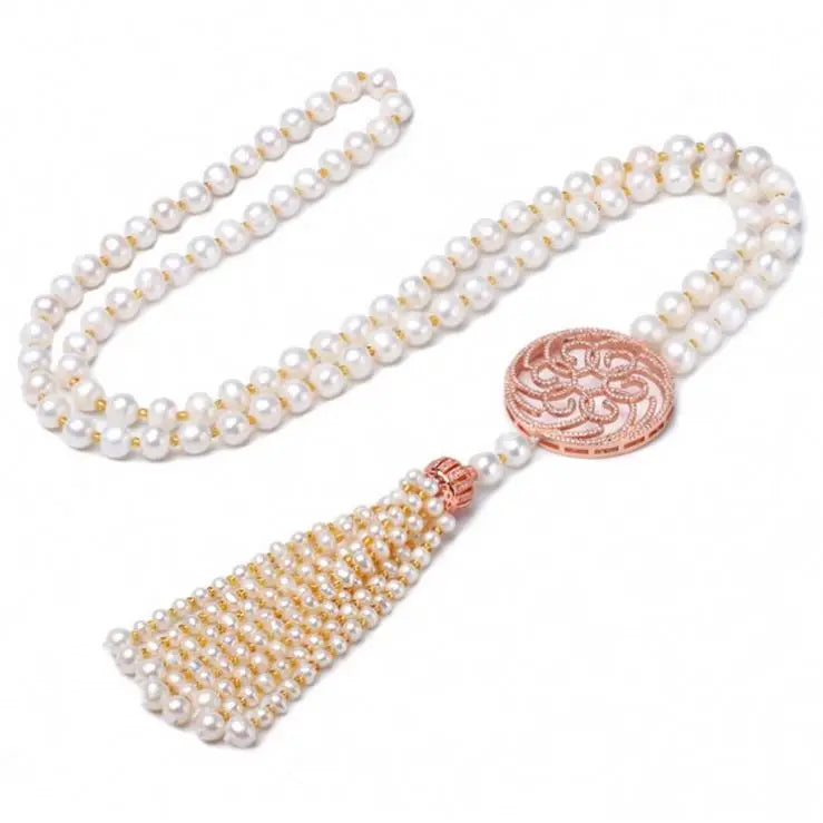 Certified Faux Gold Round Flower Button Sweater Chain Pearl Costume Tassel Pendantnecklace