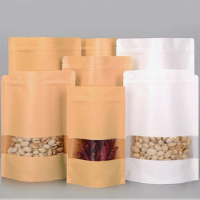 Biodegradable Embossed Coated Paper Stand up Pouches with Clear Window for Food Packaging White and Brown