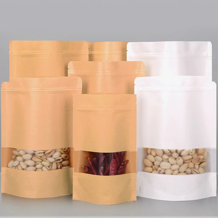 Biodegradable Embossed Coated Paper Stand up Pouches with Clear Window for Food Packaging White and Brown